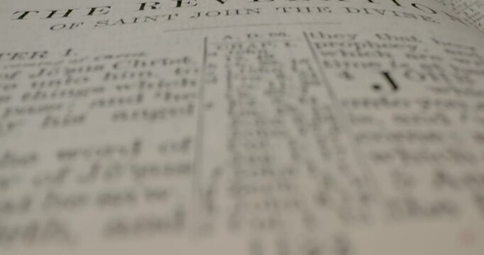 Holy Bible Macro Text Title Revelation Of Saint John The Divine Tilt Up