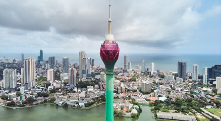Aerial view of the main attraction, the Lotus Tower in the capital of Sri Lanka, Colombo. 