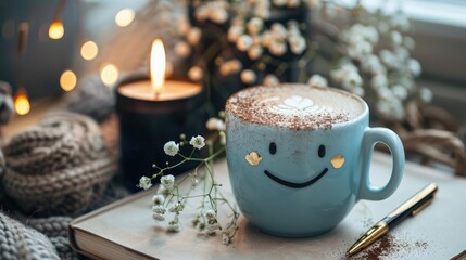 A light blue mug with latte art in the shape of a smiley face on a white book