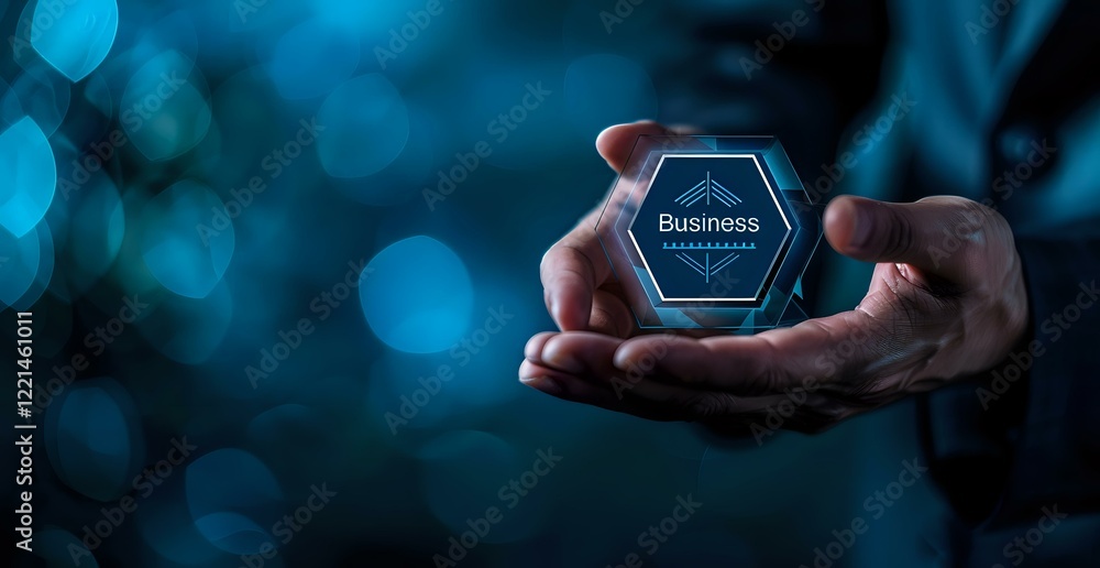 Poster Hands holding glowing hexagonal business hologram with blue bokeh background, perfect for technology innovation and digital transformation concepts.