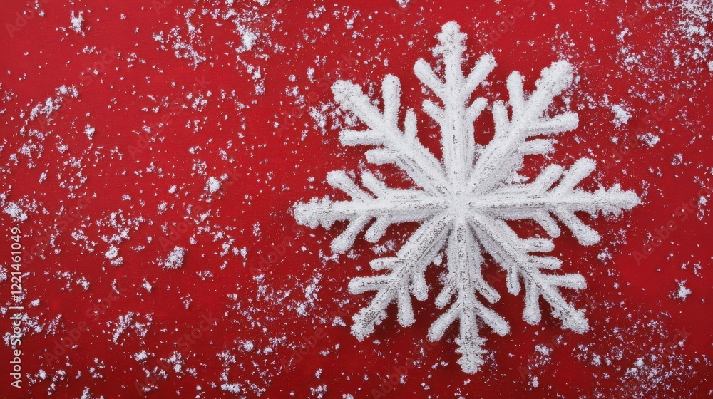 Poster White snowflake on red background with snow particles