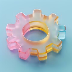 Colorful glass or crystal gear icon with gradient pastel colors from pink to yellow and blue, perfect for modern tech and business designs on light blue background.