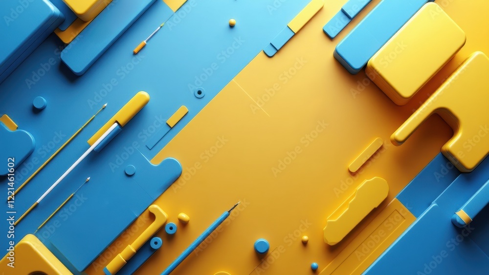 Poster the image is a colorful abstract design with blue and yellow shapes