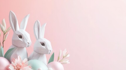 Obraz premium A sleek, modern Easter banner featuring a minimalist design with geometric bunnies, pastel gradient background, and the words 'Easter 2025' in elegant font