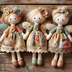 Cute fabric patchwork dolls illustration