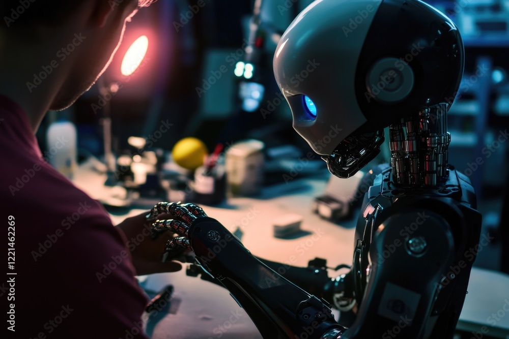 Poster a man works on a robot in a dimly lit room, using various tools and machinery