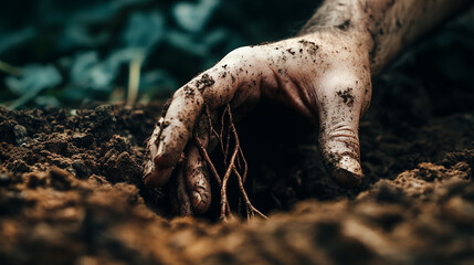 Close-up of a hand reaching out from beneath the soil