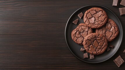 Dark Chocolate Cookies on Dark Plate Wooden Background