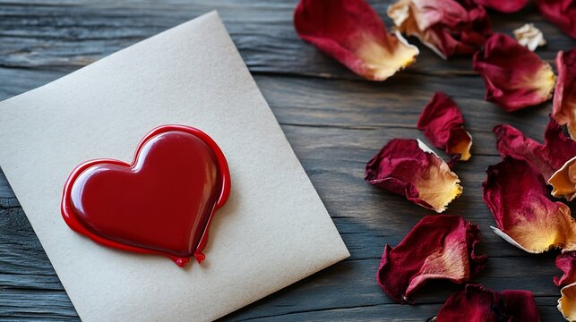 Sealed letter adorned a red wax heart framed by dried petals conveying heartfelt affection perfect for anniversary love notes or vintageinspired romantic visuals