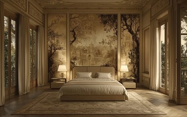 Elegant bedroom with large mural, hardwood floors, and beige color scheme.