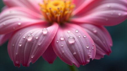 Fototapeta premium Macro photography of dew drops on pink flower 