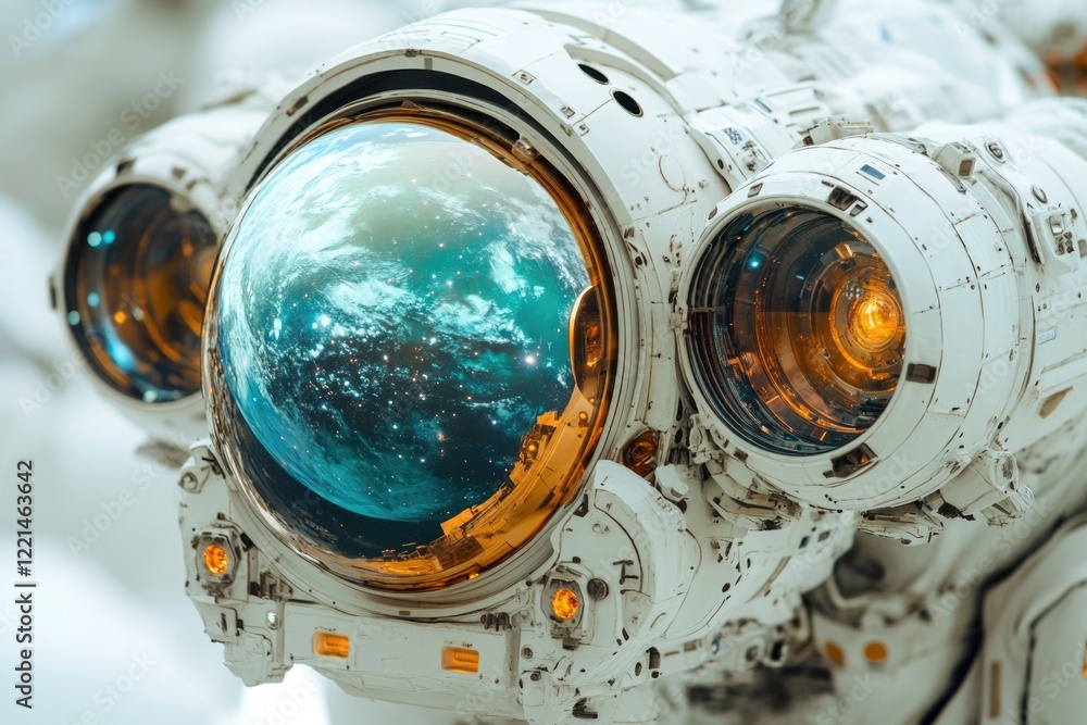Poster close-up shot of an astronaut's helmet with a distant planet visible in the background, suitable for