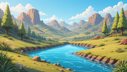 A cartoon landscape with mountains, water, lake, and trees illustration background for animation.
