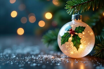 Glittering holly leaves on a frosted glass ornament, festive, christmas decorations, sparkling lights