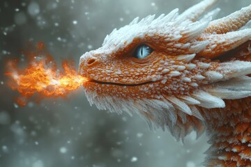 Obraz premium A close-up shot of a fire-breathing dragon's face, with flames licking its lips