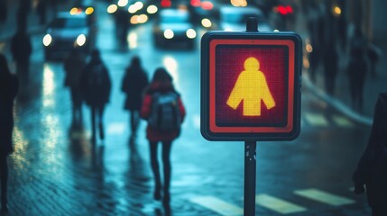 Fototapeta premium Rainy Night Crossing: City Pedestrian Signal