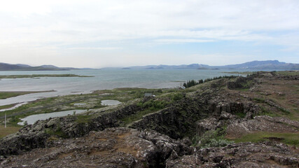 Scenic view of Hestagjá Rift in Þingvellir National Park, Iceland, showcasing tectonic plate separation and geological beauty