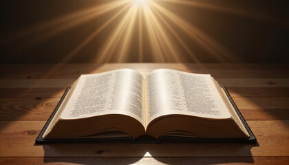 Obraz premium Open Bible with a ray of light shining on its pages on a wooden table in a minimalist spiritual setting