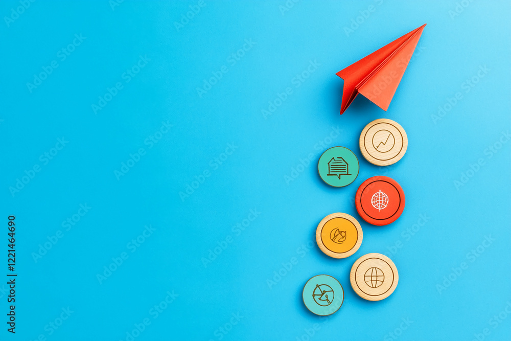 Poster red paper plane and colorful wooden icons on blue background for business and creative concepts. bus