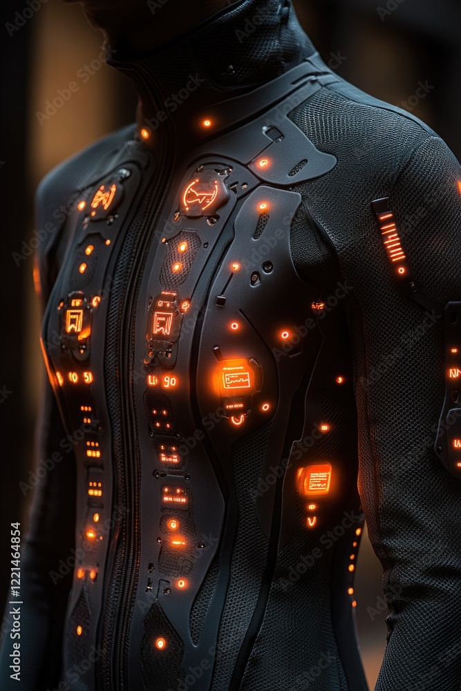 Poster man wearing futuristic suit with glow buttons on chest, suitable for sci-fi or technology-related co