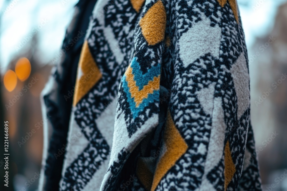 Poster a person wearing a unique coat with a distinctive pattern, suitable for use in illustrations or phot