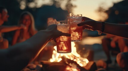 Friends enjoying evening drinks around a campfire outdoors
