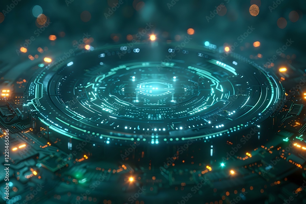 Poster futuristic holographic circular interface with glowing cyan elements and digital data visualization,