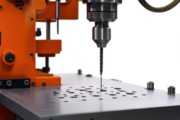 A close-up view of a machine cutting a piece of metal, suitable for industrial or manufacturing-related images