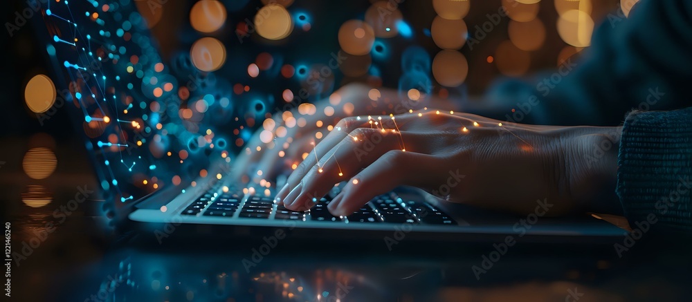 Poster hands typing on laptop keyboard in dark room with magical bokeh lights and sparkles, perfect for tec