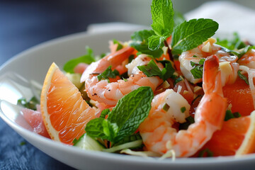 Pomelo salad with shrimps. Summer salad. Healthy meal.
