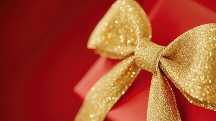 A beautifully wrapped gift with a golden bow and red wrapping paper