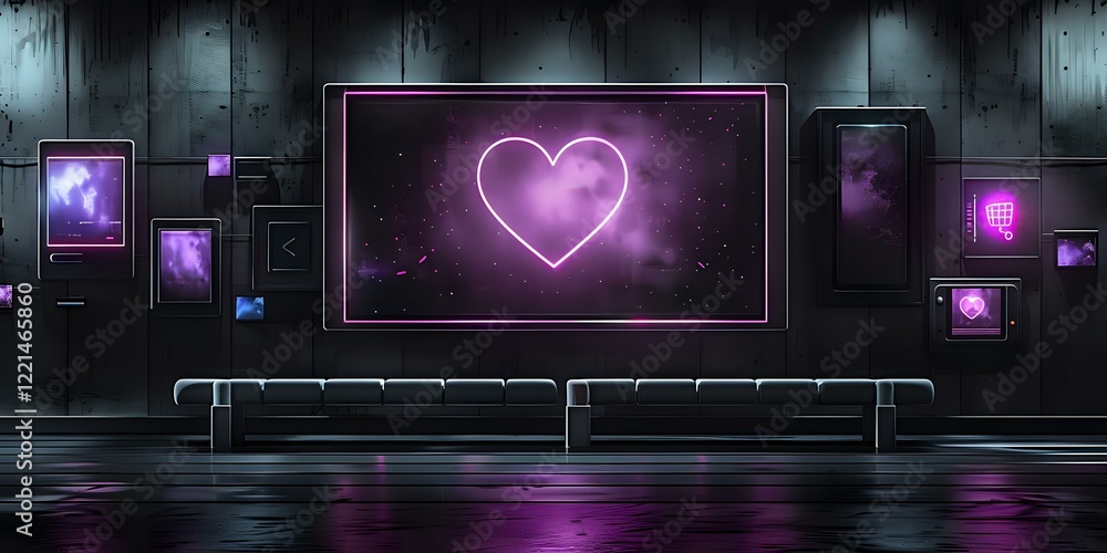 Poster futuristic digital art gallery with glowing neon heart display and multiple floating screens, perfec