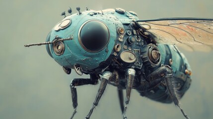 Fototapeta premium Close up of a bizarre mechanical insect like cyborg creature with a futuristic robotic aesthetic The detailed intricate design features a variety of metal gears circuits sensors
