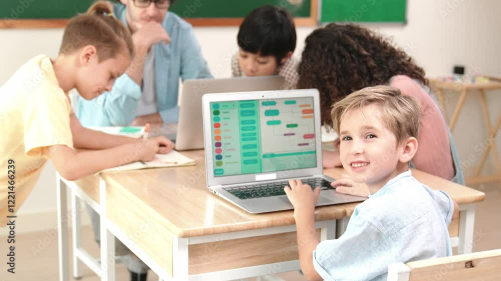 Poster smart caucasian boy turn around and looking at camera in stem technology class while group of divers
