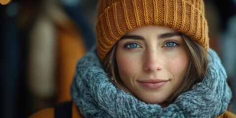 Close-up of a person wearing a hat and scarf for cold weather