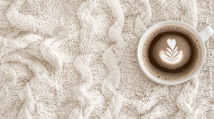 Overhead View of a Coffee Cup with Latte Art on a Beige Knitted Blanket