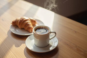 Steaming coffee and croissant on wooden table in morning light