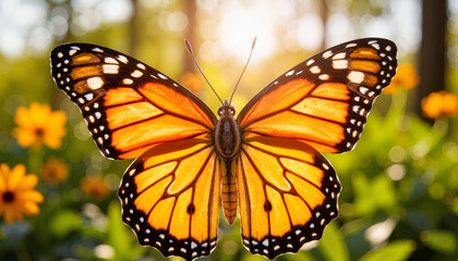 Fototapeta premium Stunning butterfly showcasing stained glass wings in a sunny garden, beauty of nature