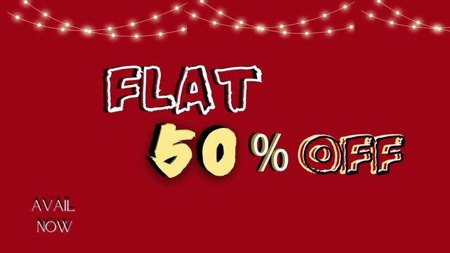 flat fifty of animated text video with avail now offer on dark red background with decorated lights border on top