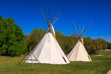 Two teepees are standing in a grassy field