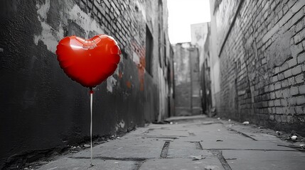 Moody blackandwhite scene a single red heart balloon in an urban alley capturing dramatic Valentines Day moments perfect for storytelling modern love visuals or edgy romantic designs