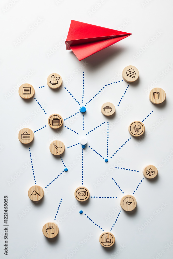 Poster red paper plane and wooden icons representing a connected network for business or growth strategy. b