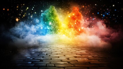 Fototapeta premium Rainbow Lights and Smoke on Cobblestone Path at Night
