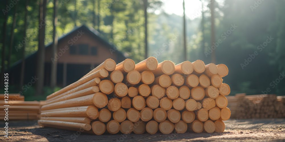 Poster neatly stacked logs in a forest setting, with a cabin visible in the background. sunlight illuminate