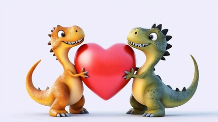 Fototapeta premium Cartoon dinosaurs holding red heart playful and joyful perfect for whimsical Valentines cards or cheerful decor
