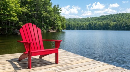 Red Chair on Wooden Dock Overlooking Serene Lake and Lush Greenery