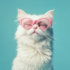 Fototapeta premium A serene white cat wearing pink glasses with closed eyes, radiating calmness against a soothing blue background. Perfect for relaxation-themed designs and pet branding