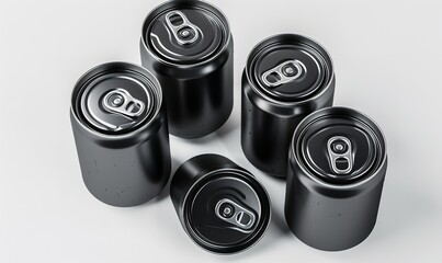 Mockup of black beverage cans on a white backdrop, Generative AI.