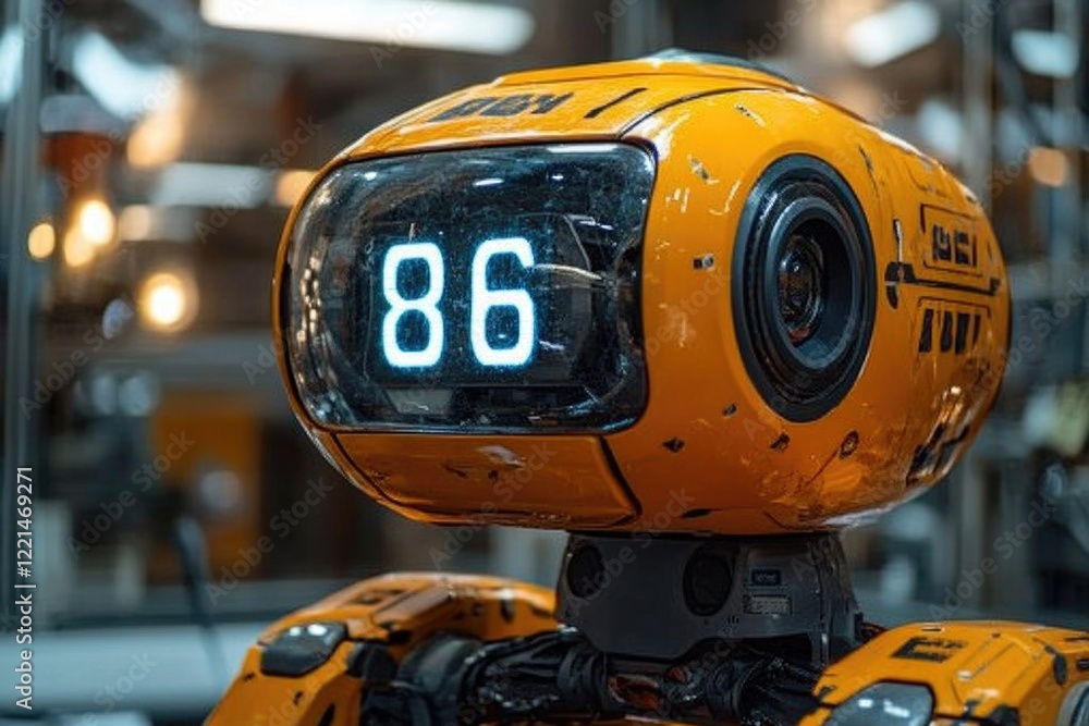 Poster close-up of a robot with a clock on its face, suitable for futuristic or technological concepts