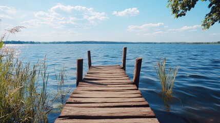 Fototapeta premium Rustic Wooden Dock Extending into Calm Blue Lake Under Sunny Sky